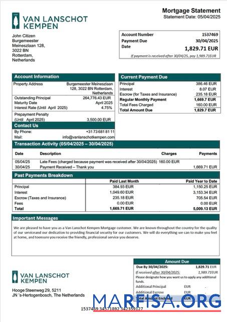 Realistic Netherlands Van Lanschot Kempen mortgage statement Word and PDF template